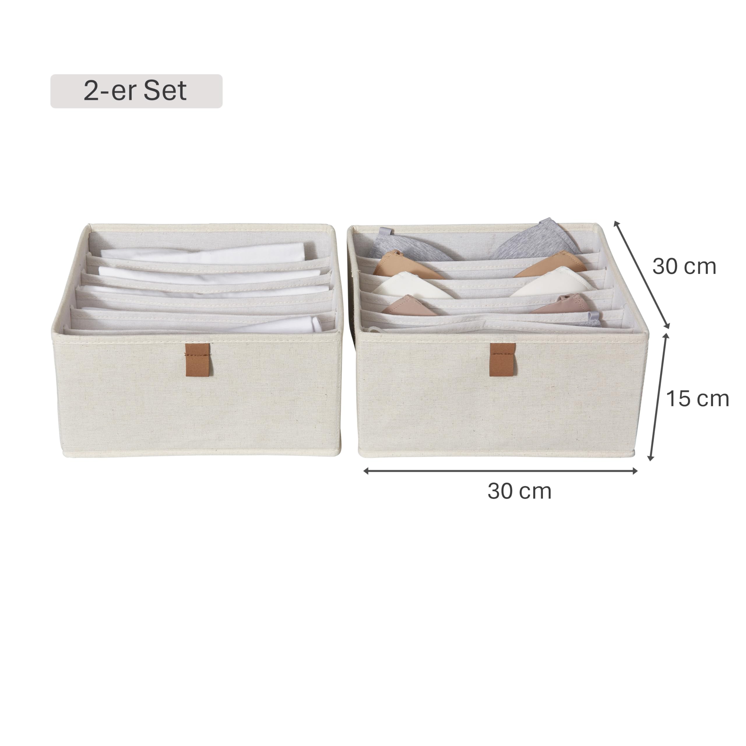 LOVE IT STORE IT Premium Schubladen Organizer 2-teilig - Schubladenbox aus Stoff - Verstärkt mit Karton - 6 Fächer für BHs, Shirts, Jeans - Beige - 30x30x15 cm