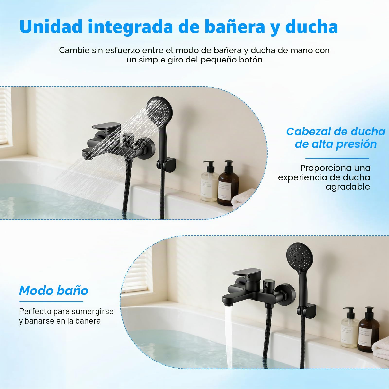 Grifo para Bañera y Ducha con Alcachofa de Mano | Mezclador Monomando de Latón Montado en La Pared, Alcachofa de Mano 3 Modos con Manguera de Acero Inoxidable 1.5m y Soporte