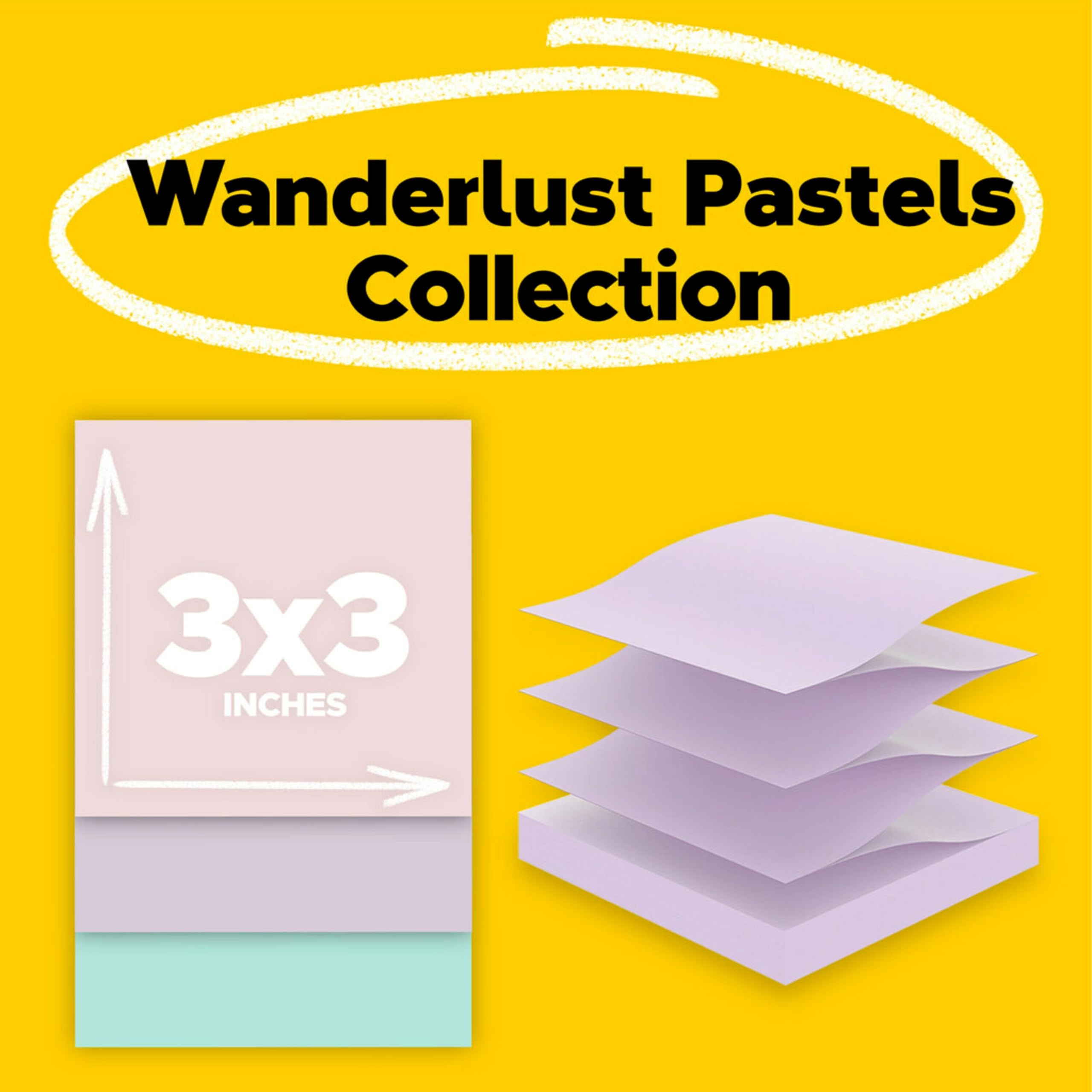 Post-it Super Haftnotizen, 100 % recyceltes Papier, 7,6 cm x 7,6 cm, 70 Blatt pro Block, Wanderlust-Pastelle, Schulbedarf und Büroartikel (3 Stück)