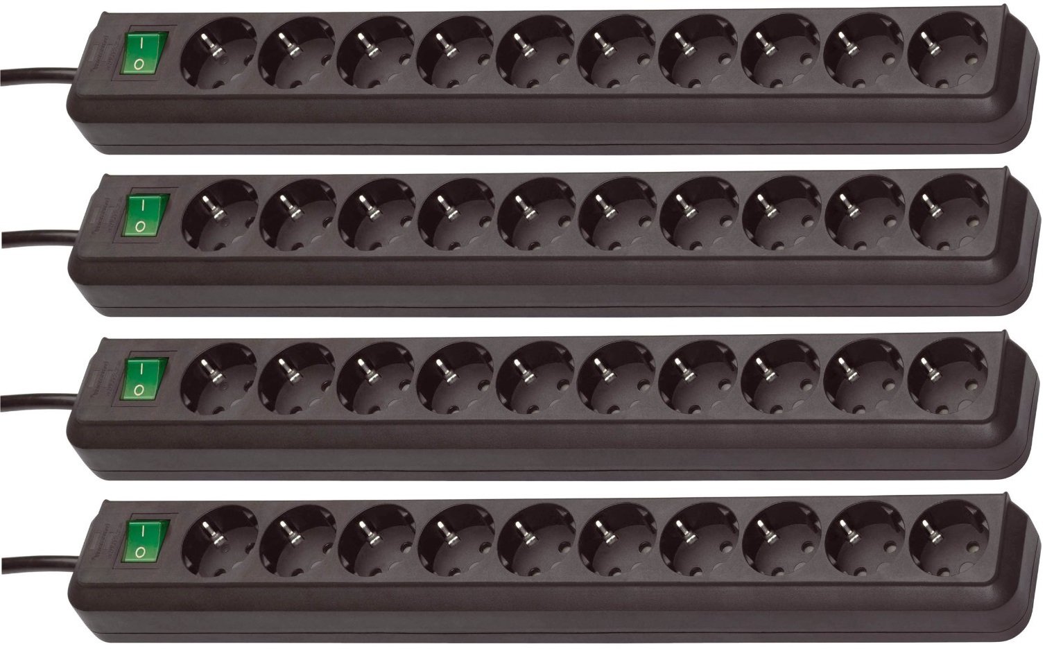Brennenstuhl Eco-Line, Ciabatta elettrica con 10 prese (con interruttore e cavo da 3 m, a risparmio energetico, colore nero, set da 4 pezzi