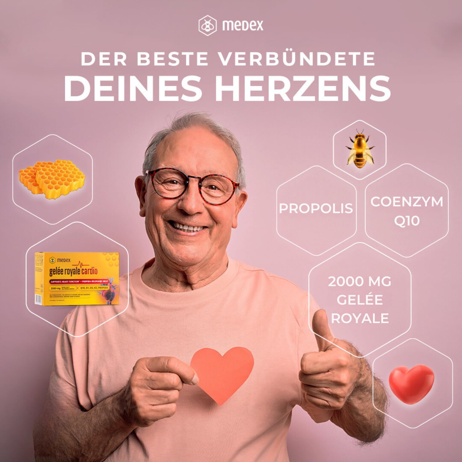 Medex Gelée Royale Cardio 2000 mg - Herz-Vitamine - Mit Gelee Royal, Q10, Vitaminen B1, D3, K2 & Propolis - Nahrungsergänzungsmittel - 10 Ampullen - 10 Tage
