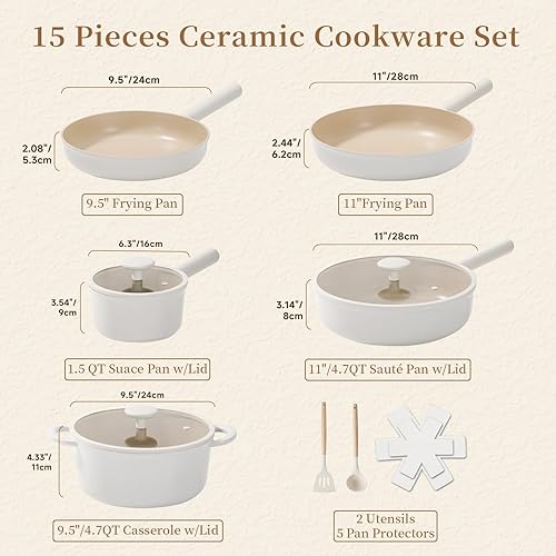 Miniatura 5 de JEETEE Juego de utensilios de cocina de cerámica, 15 ollas y sartenes antiadherentes con asas extraíbles, juego de utensilios de cocina de inducción