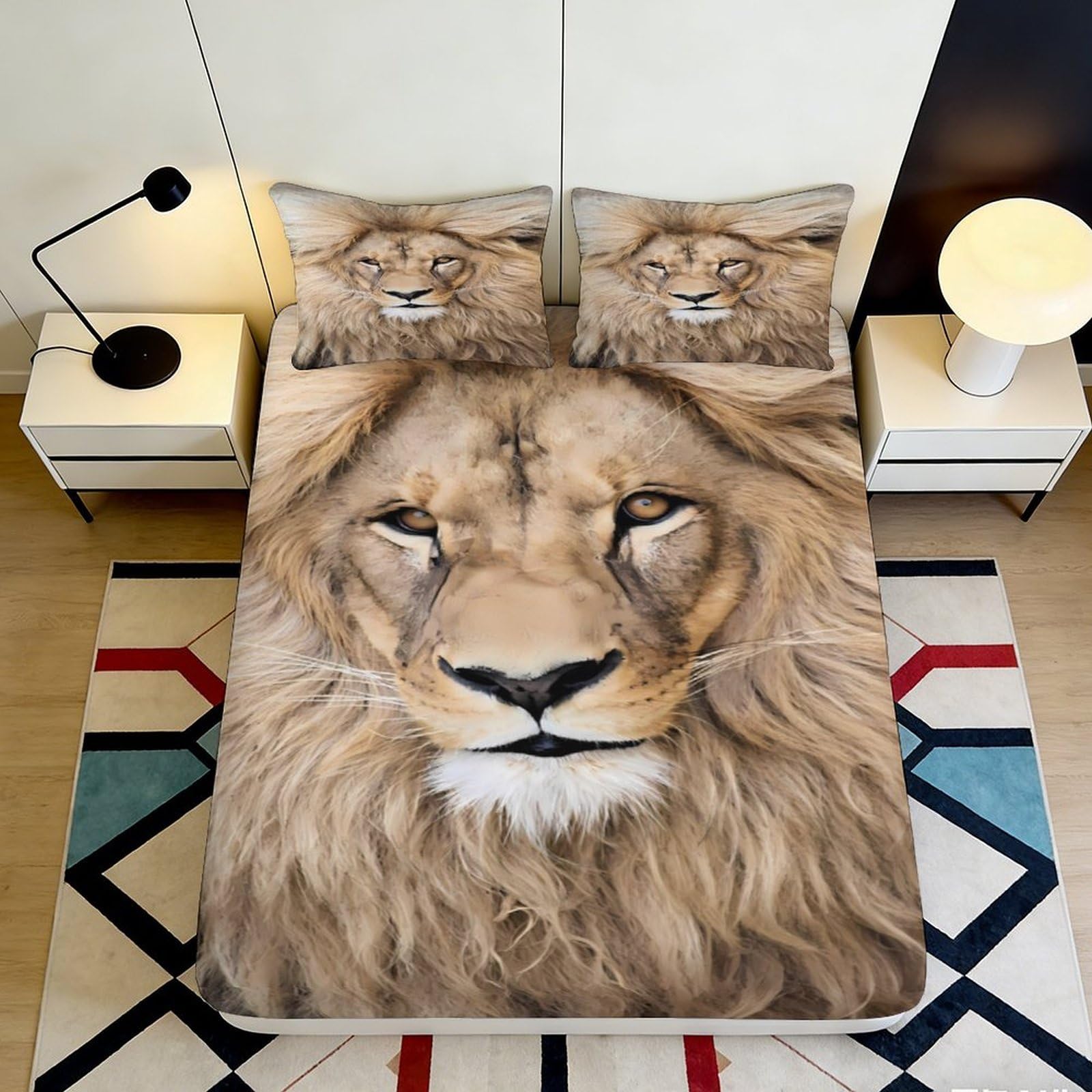 3D Printed Lion Face Fitted Sheet Microfiber Soft Breathable Wild Animal Mattress Cover for Bedroom Dorm Decor Protection 90x200x25cm