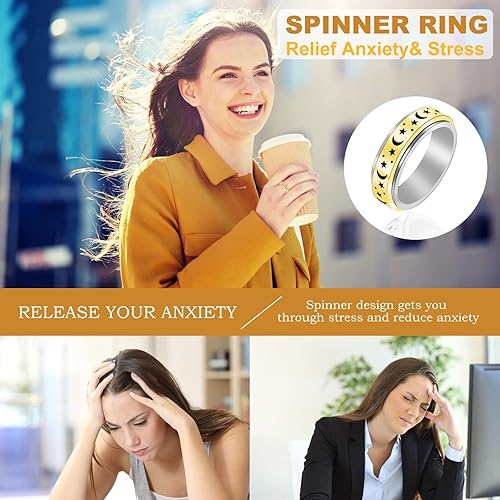 Miniatura 6 de Anillos hechos a mano apilables para la ansiedad con cuentas, anillos para aliviar el estrés para mujer, anillos giratorios de plata de ley