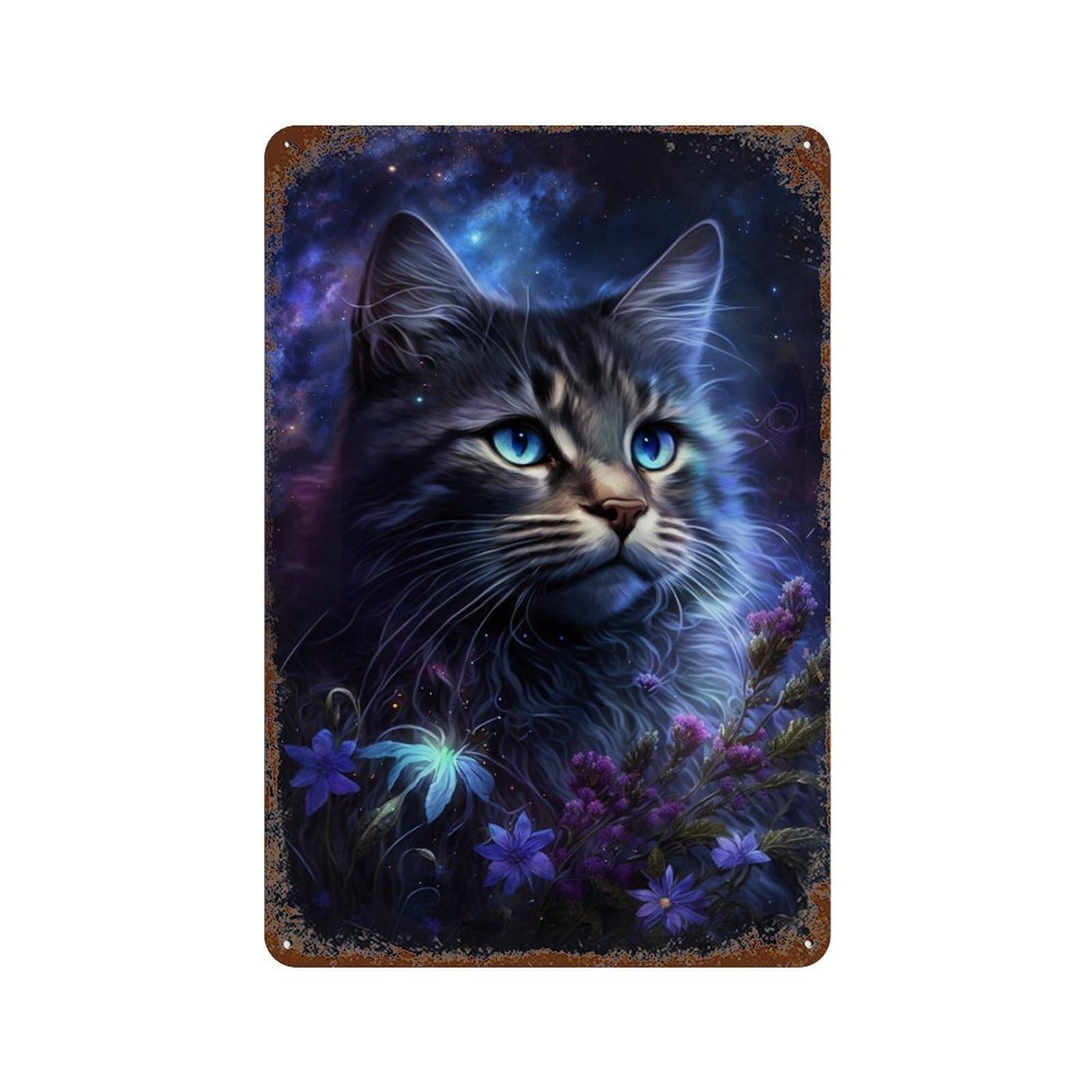Galactic Cat with Flowers Weathered Tin Sign 11.8"x7.9", Rustic Home Decor for Garage, Bar And Workshop Decor