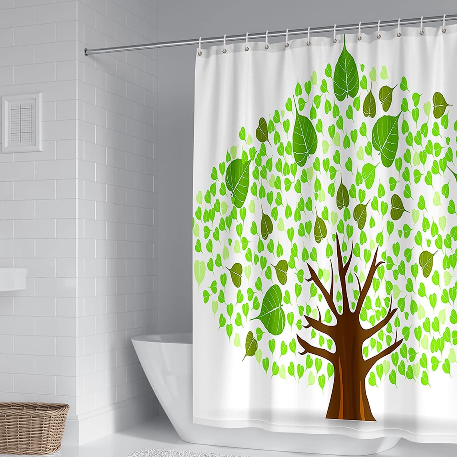 Rideau de douche anti moisissure arbre vert brun lavable avec crochets