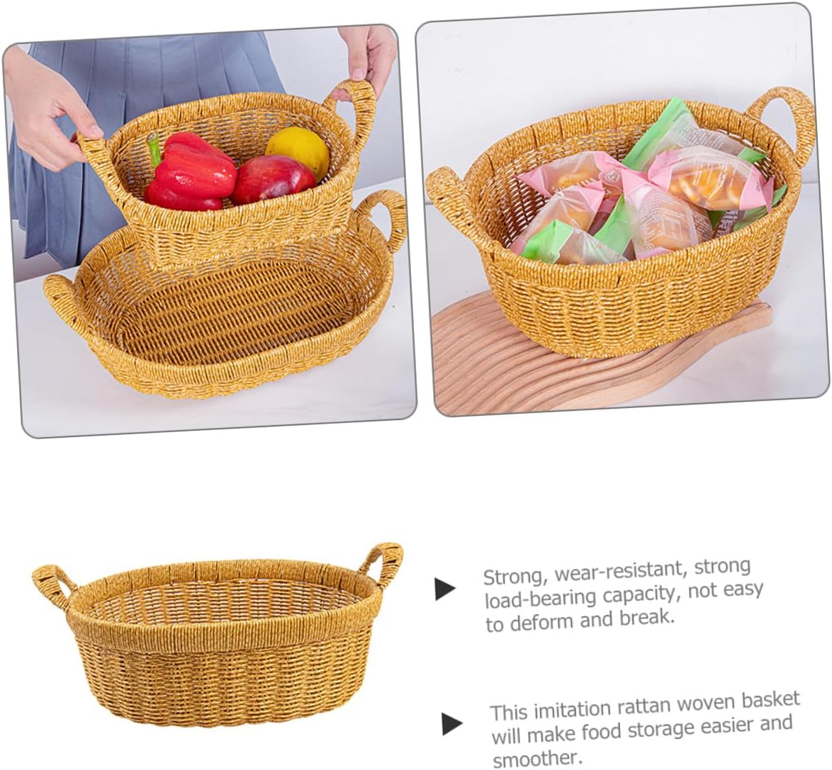Abaodam Simulated Rattan Serving Tray Basket with Handles, Large Deep Oval Bread and Fruit Storage Organizer, Lightweight Wicker Basket for Kitchen and Outdoor Picnic Use