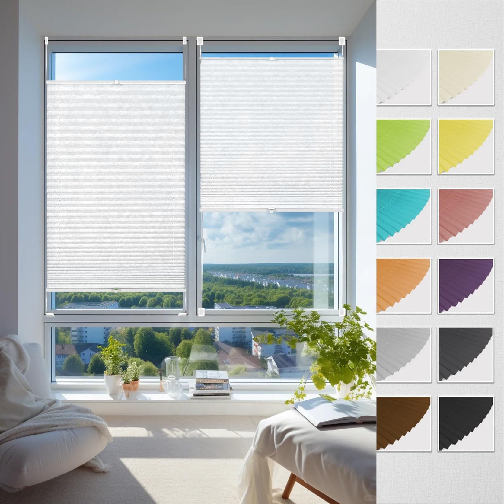 Store Plissé sans Perçage Blanc pour Fenêtre de Chambre et Salon