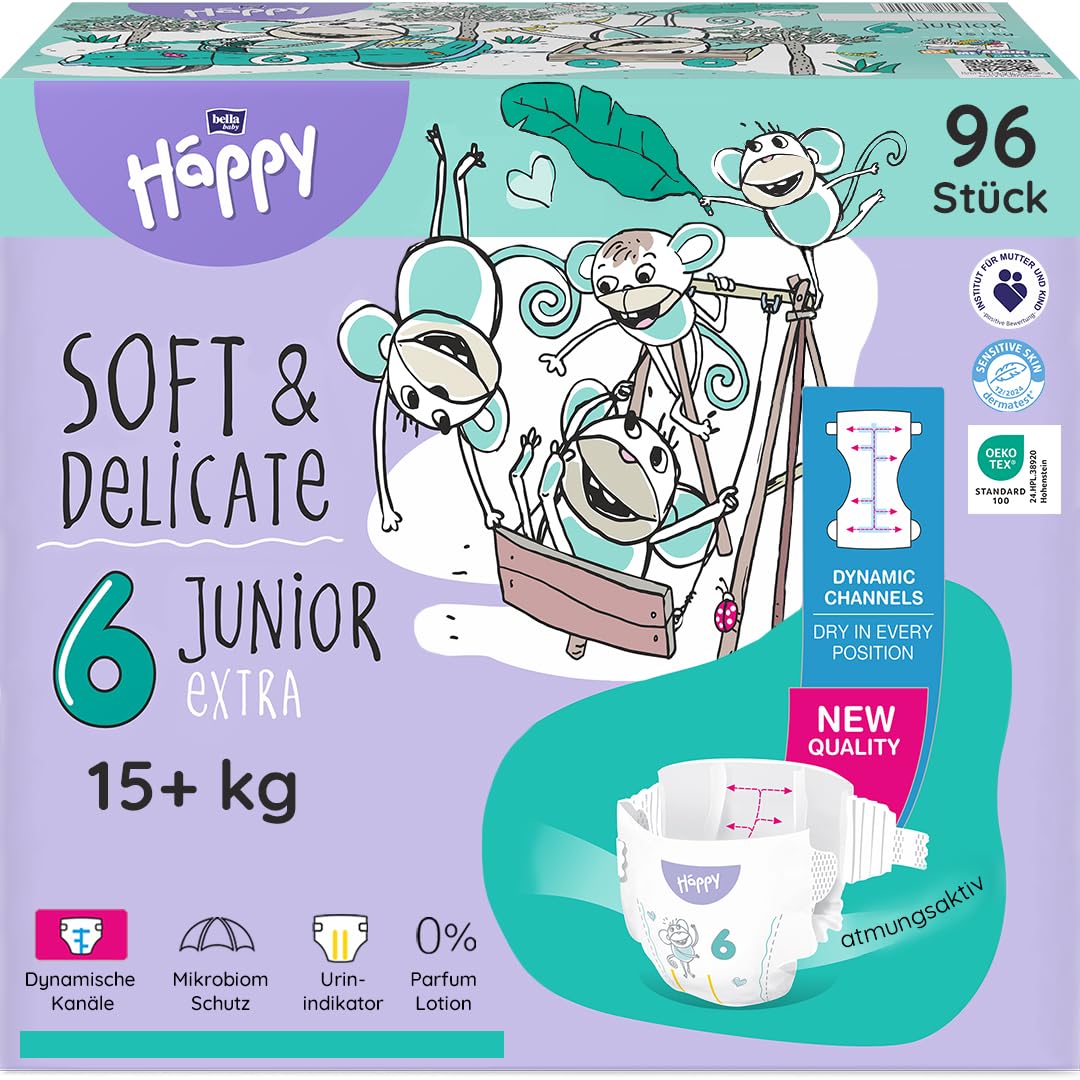 bella baby Happy Premium Windeln Größe 6 Junior Extra 15+ kg 96 Stück, DERMATEST & OEKO TEX Siegel, Babywindeln Einweg