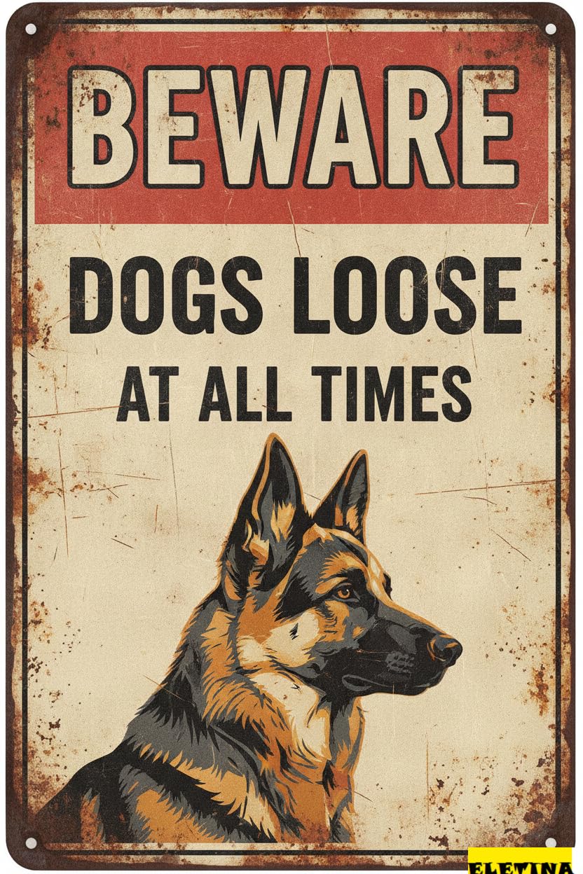 Beware Dogs Loose German Shepherd Warning Aluminum Tin Sign Outdoor Yard Fence Home Kitchen Farm 8x12in