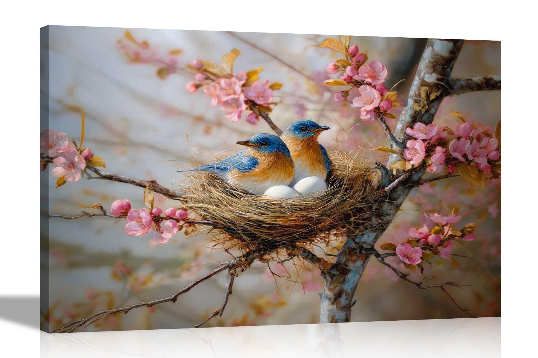 Artley Prints - Spring nesting birds pink leaves Canvas Prints Art for Living Room, Conservatory, Hallway Office Home Decor Pictures Extra Large 101 x 76cm (40 x 30 inches)