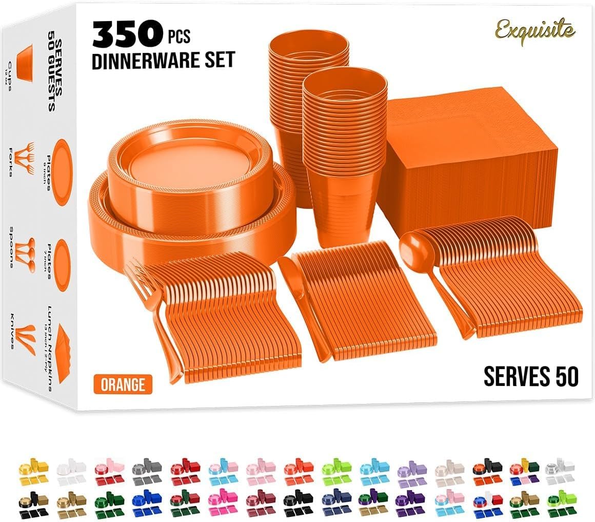 Party Solids 350 Pieces Orange Plastic Plates For Party, Orange Disposable Plates Set, 50 Of Each 9" Dinner Plate Set, 7" Dessert Plate, Cups, Napkins & Cutlery Plastic Dinnerware Set