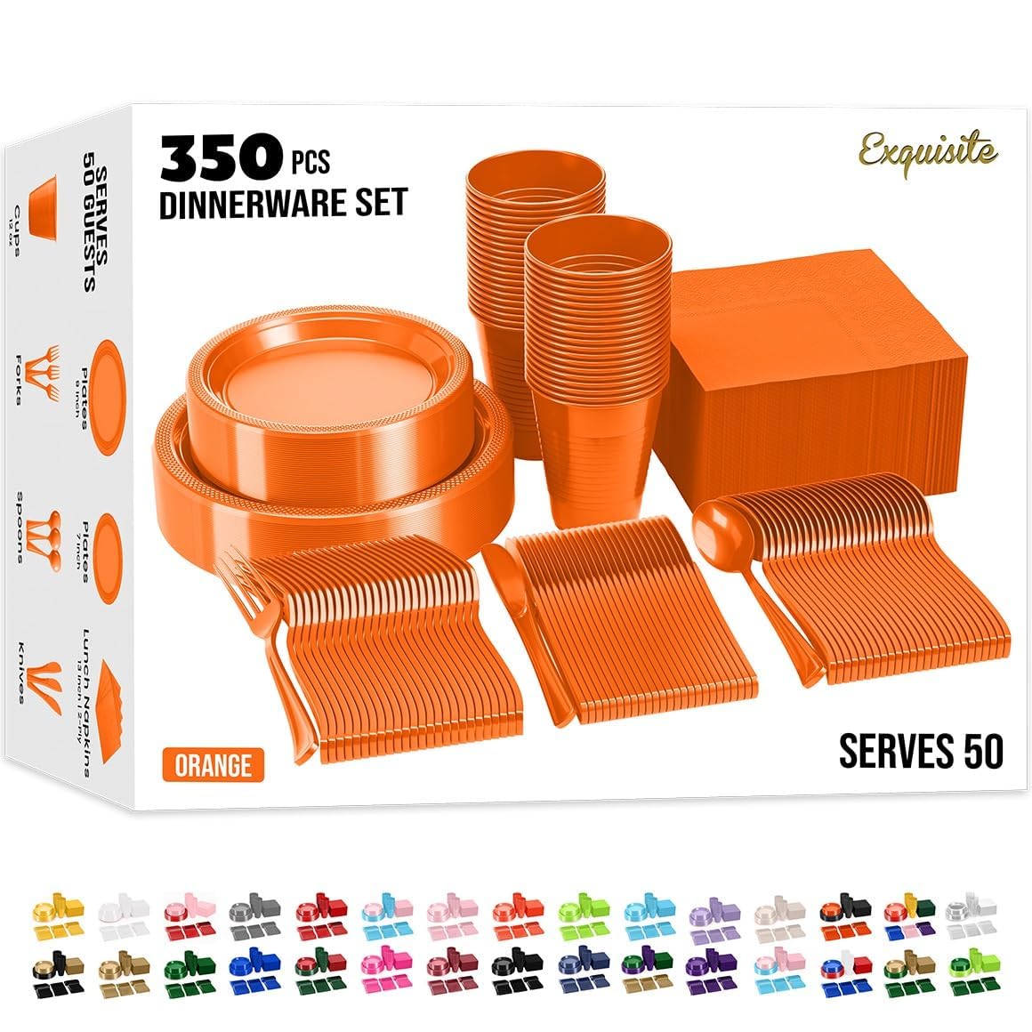 Exquisite 350 Pcs Orange Plates and Napkins Party Supplies Plate Sets | Sturdy Plastic Dinnerware Set With 9" & 7" Plates, 12 Oz Cups, Lunch Napkins and Cutlery Serves 50 for Birthdays & Everyday