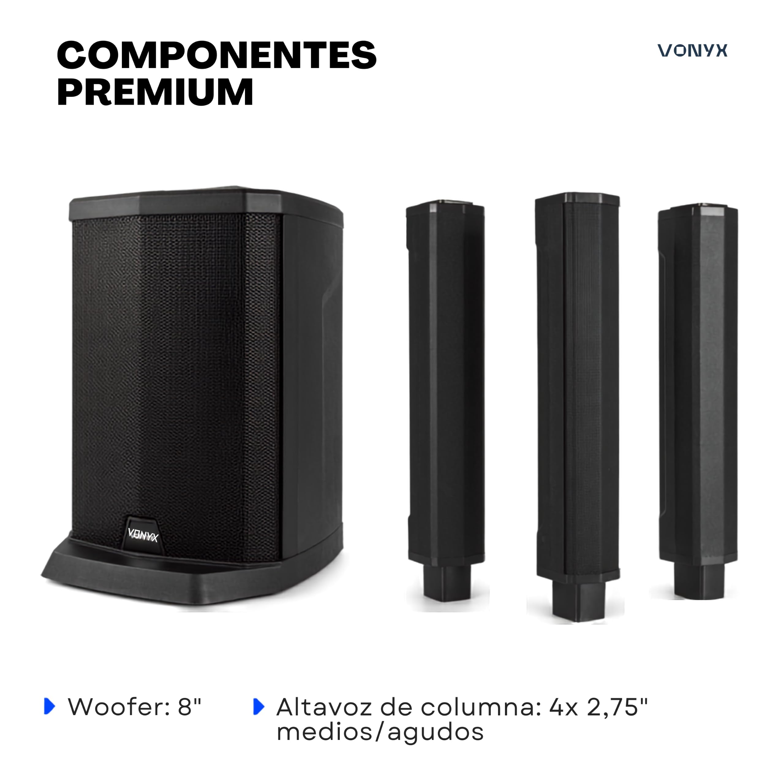 Vonyx VX808 – Sistema de Sonido Activo 320W con subwoofer de 8”, Bluetooth, USB, entradas XLR, emparejamiento inalámbrico, Altavoz Profesional para DJ, Eventos y presentaciones, Color Negro