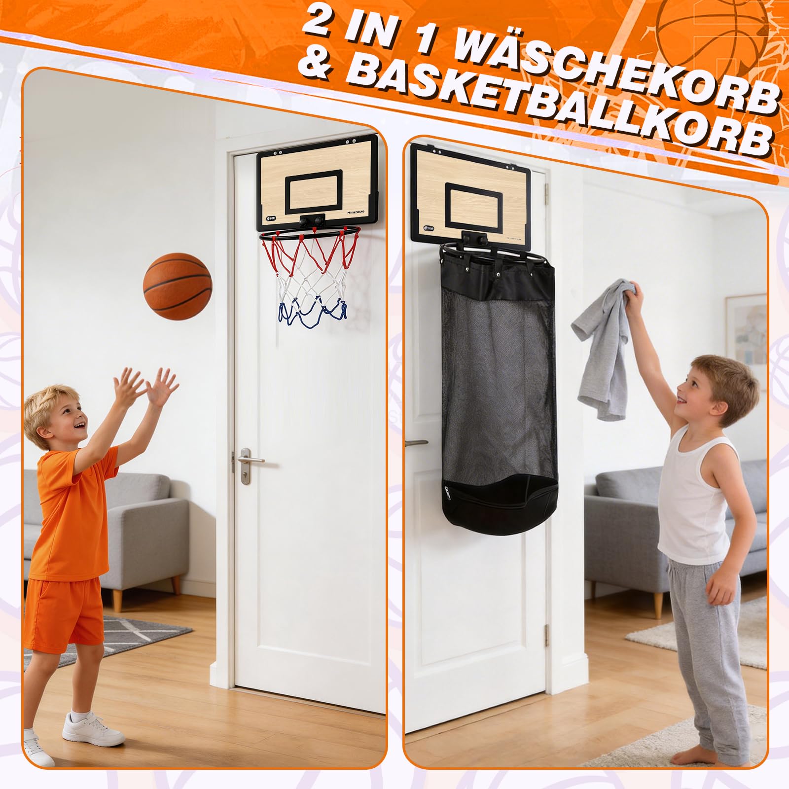 Wäschekorb mit Basketballkorb für die Tür, 2-in-1 Hängender Wäschekorb aus Holz mit Korb, Ball, abnehmbarem Beutel und Reißverschluss unten für Kinderzimmer, Studentenwohnheim (Holz)