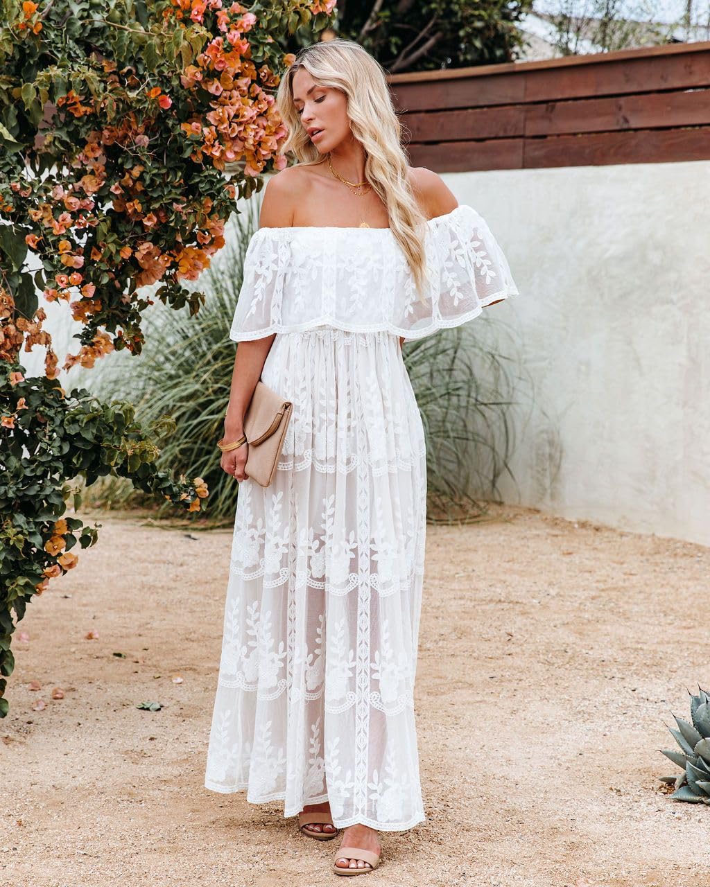 MERMAID'S CLOSET Maxi abito da donna con spalle scoperte in pizzo floreale Boho Flowy Wedding Guest formale abiti lunghi primavera