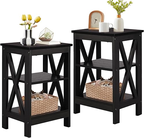 VECELO Mesitas de noche modernas X-Design - Mesitas de noche con estante de almacenamiento para dormitorio, sala de estar, juego de 2, color negro