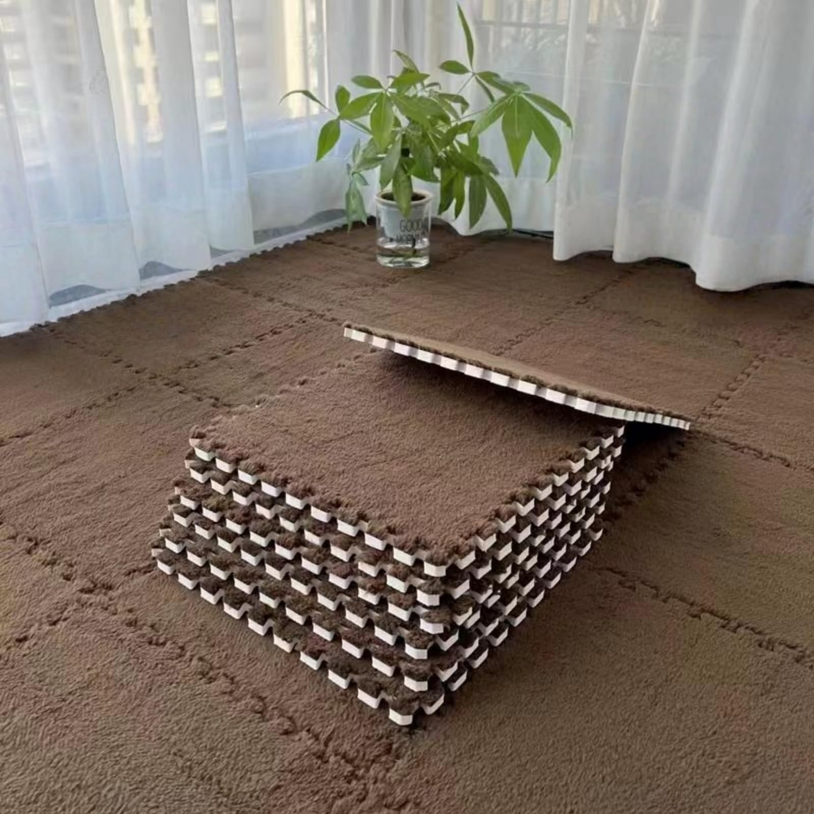 Hiseng 5/10 pcs Interlocking Foam Floor Tiles 30x30cm, Squares Puzzle Carpet Tiles Plush Floor Mats Soft Shaggy Foam Rug for Kids Bedroom Living Room Home Decoration, Solid Colors (Brown,10pc)