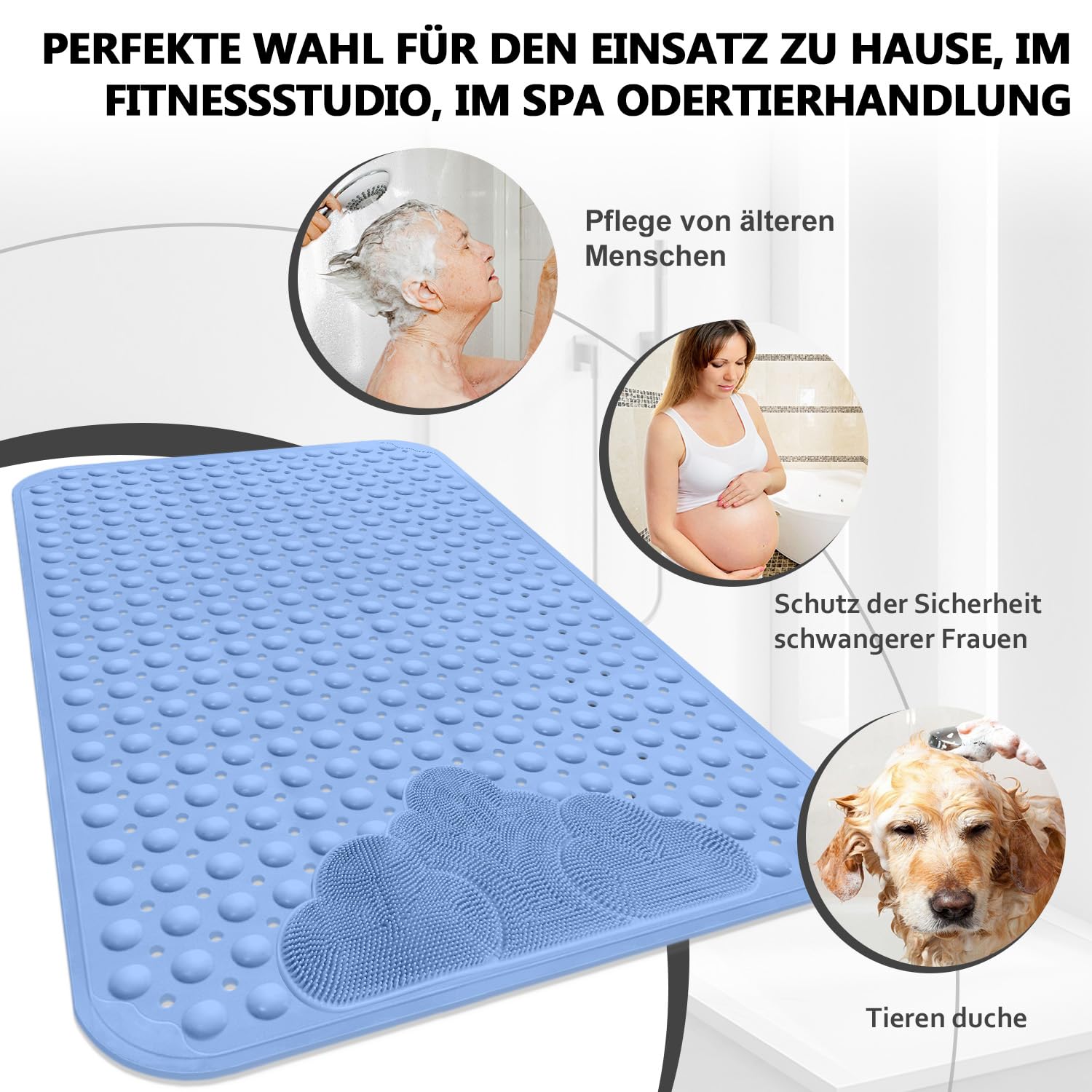 Tapis de douche antidérapant 106 x 66 cm – Extra long – Tapis de douche antidérapant confortable avec ventouses – Tapis de douche antidérapant en TPE – Lavable en machine (bleu, 106 x 66 cm)