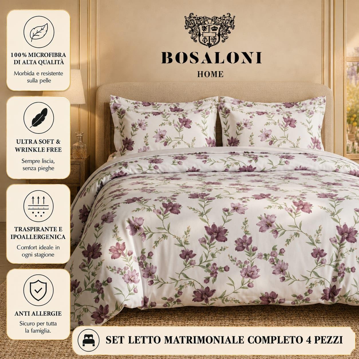 HOME Set Copripiumino Matrimoniale 4 Pezzi 220x230 con Lenzuolo 160x200+35 e 2 Federe 50x80 – Microfibra Morbida Traspirante – Bouquet Harmony Collection (Bouquet Violet)