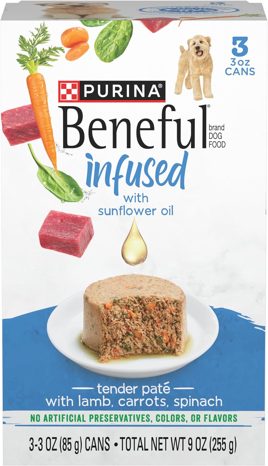 Purina Beneful Infused Wet Dog Food Pate With Real Lamb, Carrots and Spinach, With Sunflower Oil - (8 Packs of 3) 3 oz. Sleeves
