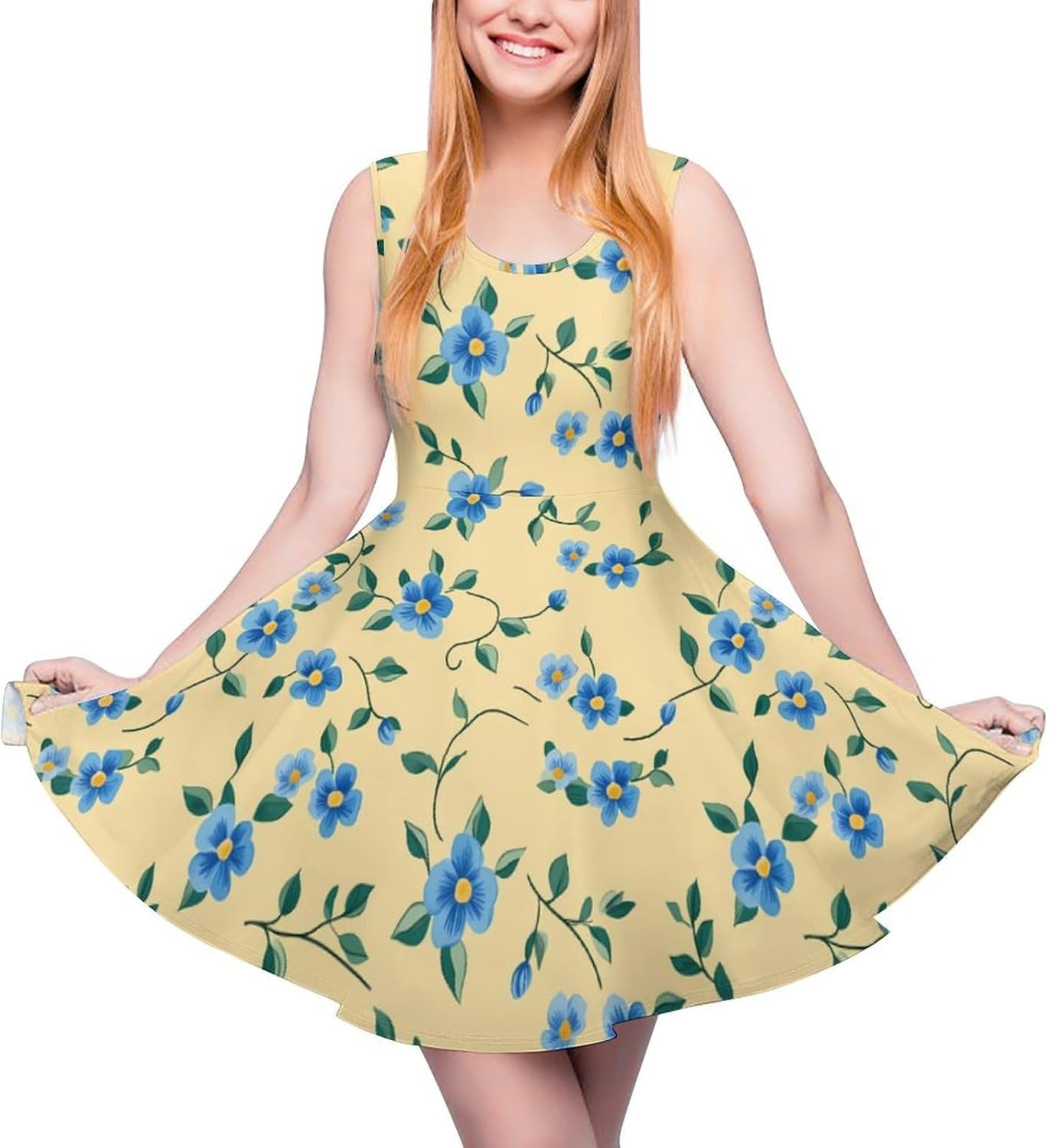 Blue Floral Flower Women's Dresses Round Neck Dress Sleeveless Tank Dress Ruffle Hem Sundress