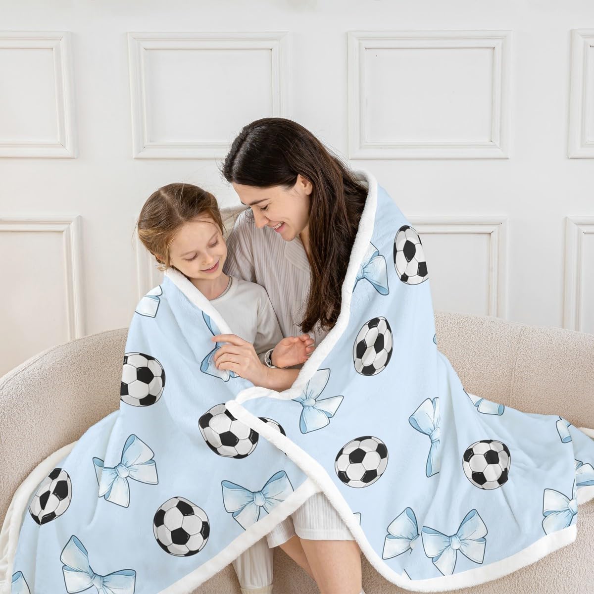jejeloiu Soccer Ball Game Sherpa Blanket Plush Fuzzy Football Fleece Throw Blanket for Kids Boys Girls Teens Blue Bow Twin 60"x80" Cute Bowknot Room Decor Gift for Football Lover Soft