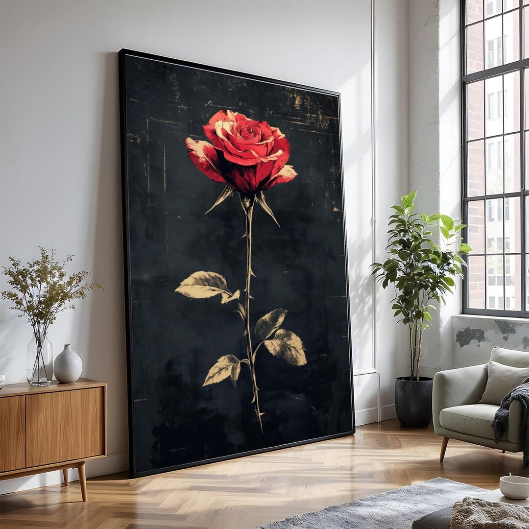 XINBAO Vintage czerwona róża ilustracja kwiatowa ciemne tło dekoracja botaniczna romantyczny kwiat malarstwo (40 x 60 cm / bez ramki)