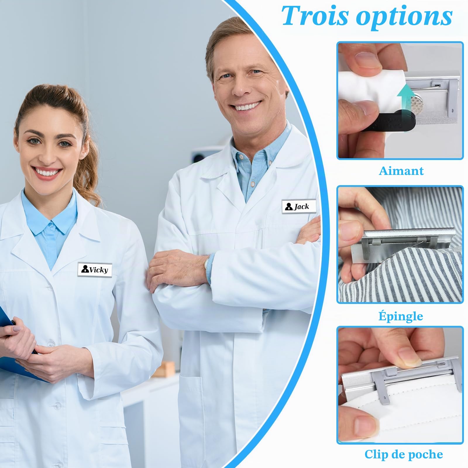Lot de 25 Badges Nom Personnalisables avec Aimant Double & Épingle, Porte-Nom Magnétique Aluminium pour Travail, École, Événement (70x32mm)