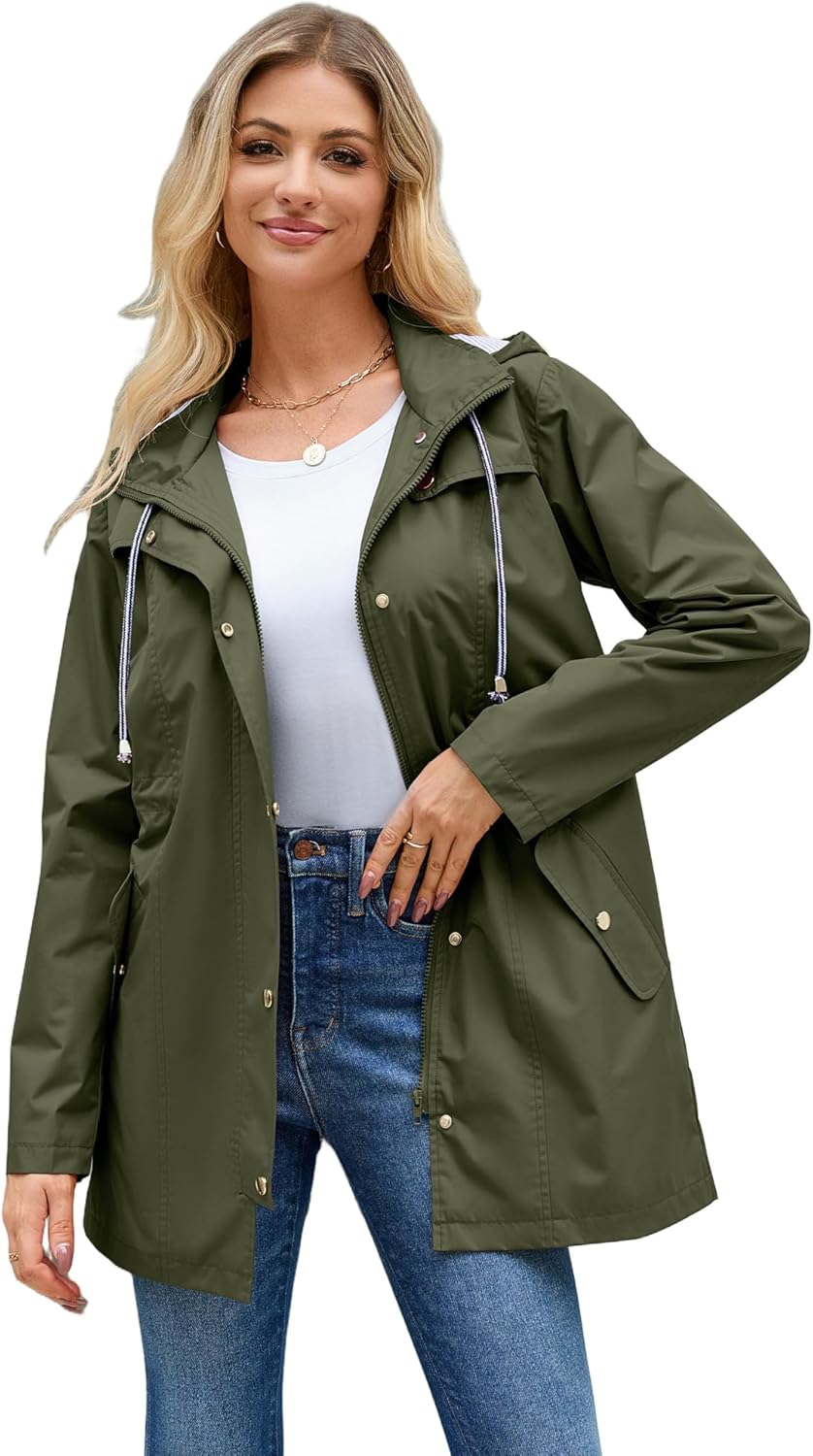 Hount Women Rain Jacket Lightweight Waterproof Raincoat Lined Outdoor Hooded Windbreaker Trench Coat - Image 2