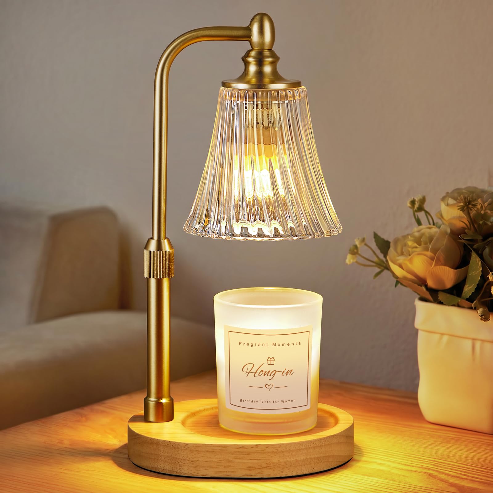 Hong-in Lámpara calentadora de velas con temporizador, regalos de cumpleaños para mujeres, mamá, hermana | Altura ajustable, regulable, calentador de cera para velas en tarro, ideal para oficina, dormitorio, decoración del hogar