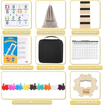Mexican Train Dominoes Set with Numbers and 8 Wooden Racks+Rummy Cube 8 Player Upgraded Edition with 8 Wooden Racks