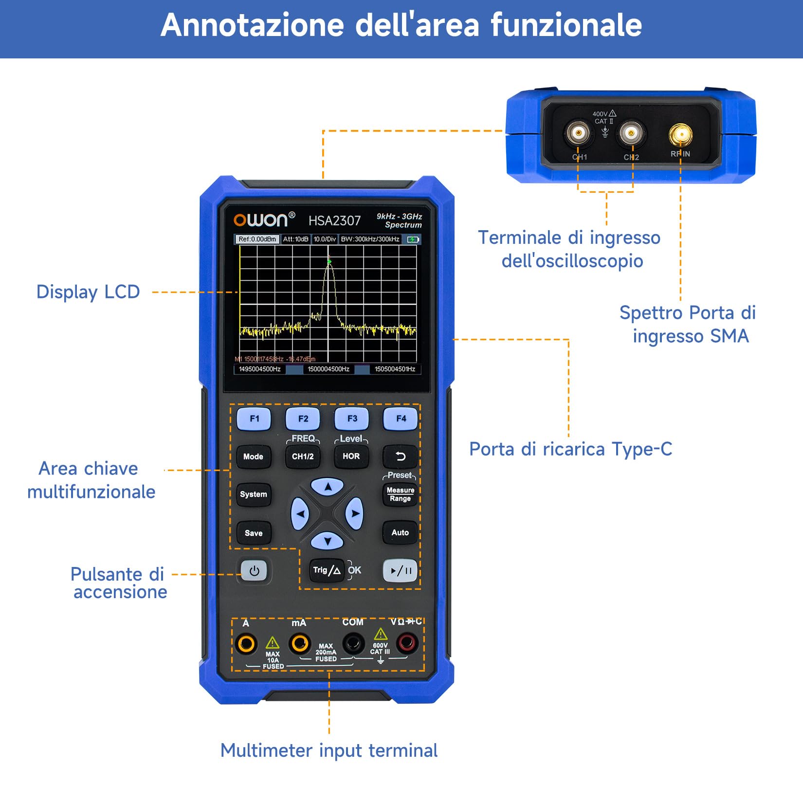OWON HSA2307 Analizzatore di Spettro 3 in 1 da 9kHz a 3GHz, Oscilloscopio a 70MHz, Multimetro a 4 1/2 Cifre, Frequenza di Campionamento Massima di 250MSa/S, Analizzatore di Spettro Multifunzione