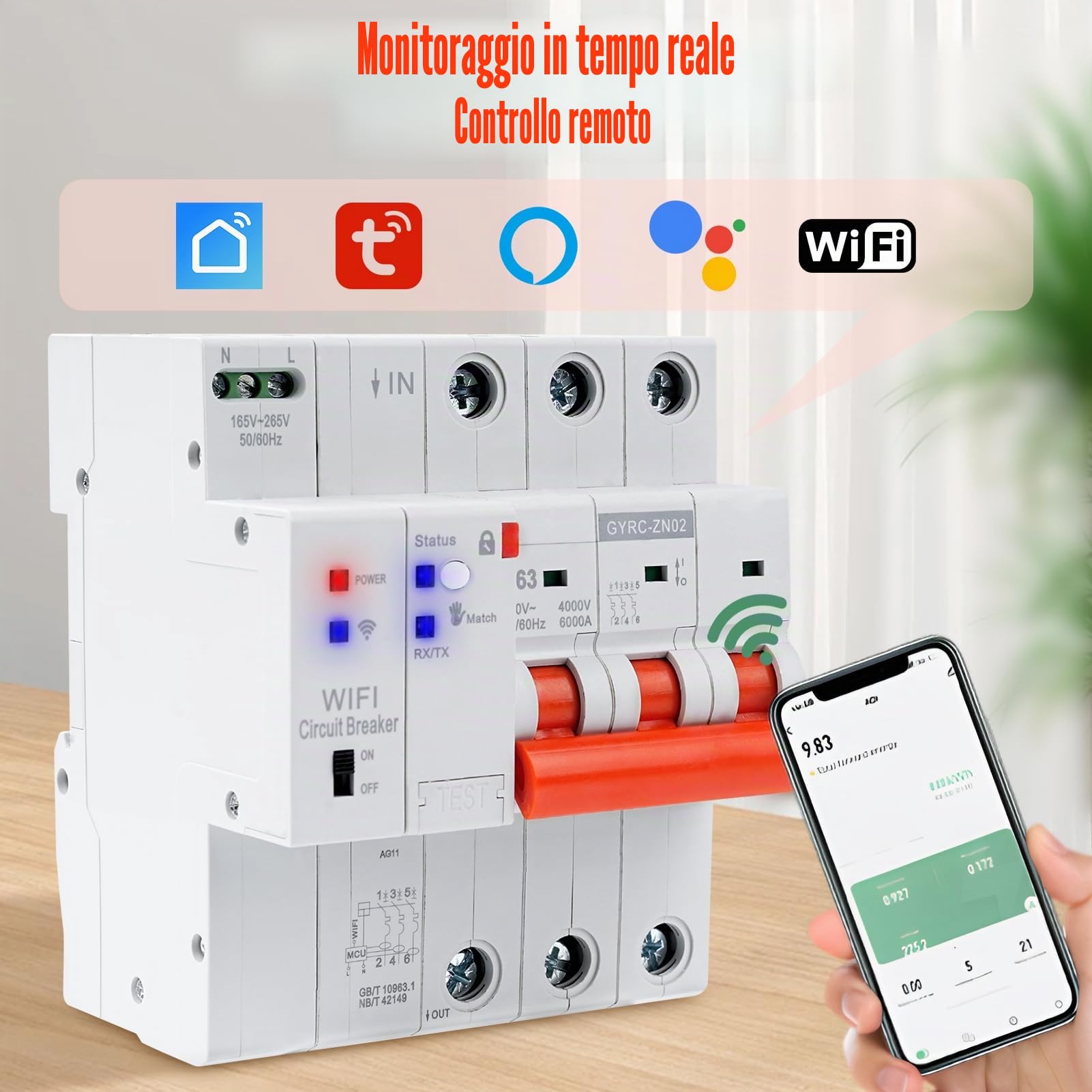 Jadeshay Interruttore Magnetotermico WiFi,3P 63A Salvavita con Riarmo Automatico WiFi Controllo Remoto Tramite APP Tuya sul Cellulare con Timer Protezione Sovratensione Sottotensione e Sovraccarico