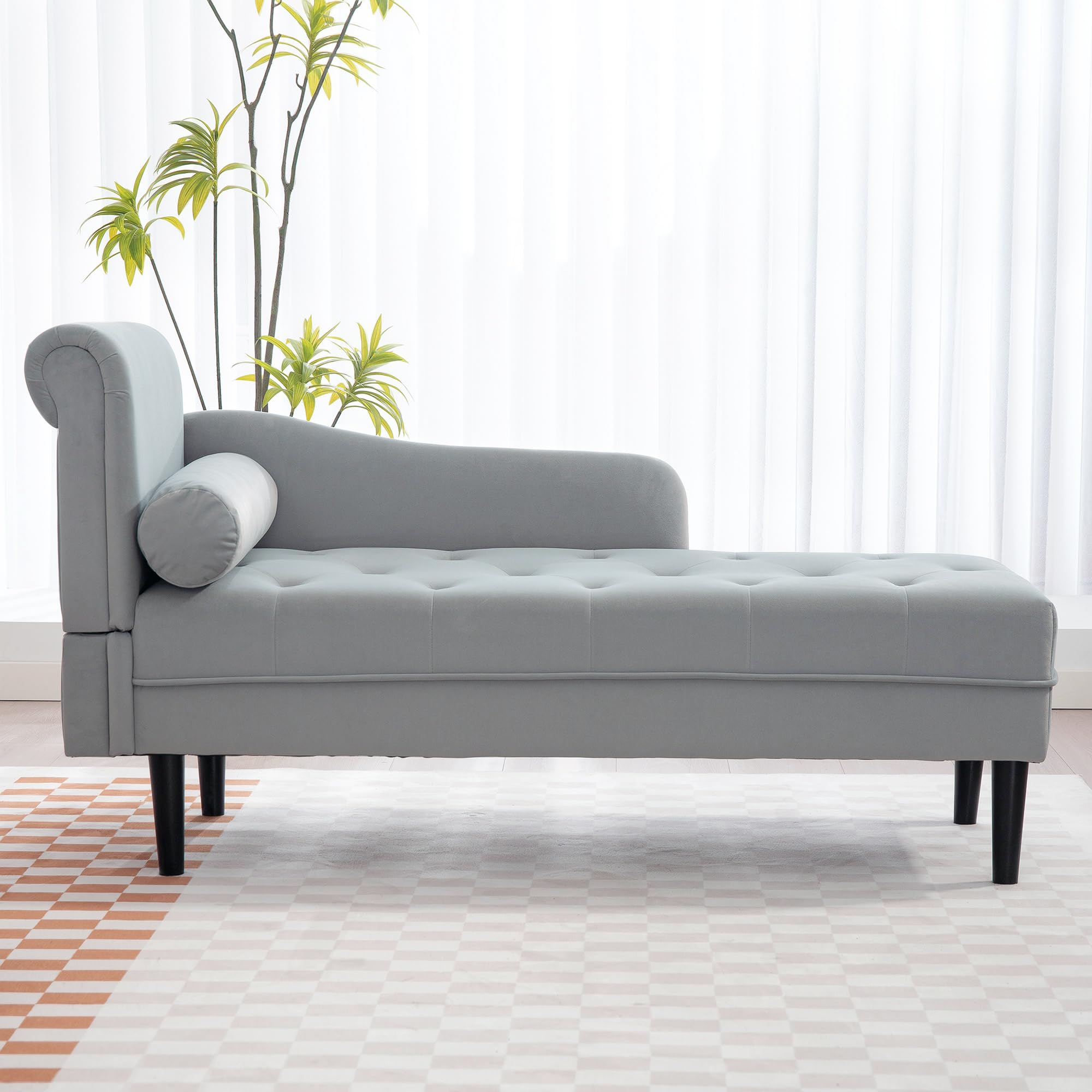 HOMCOM Chaise Longue Trapuntato con Cuscino e Bracciolo Sinistra in Velluto, Divano Imbottito, Poltrona Chaise Longue con Gambe in Legno Massello per Soggiorno, Ufficio e Salotto, Grigio