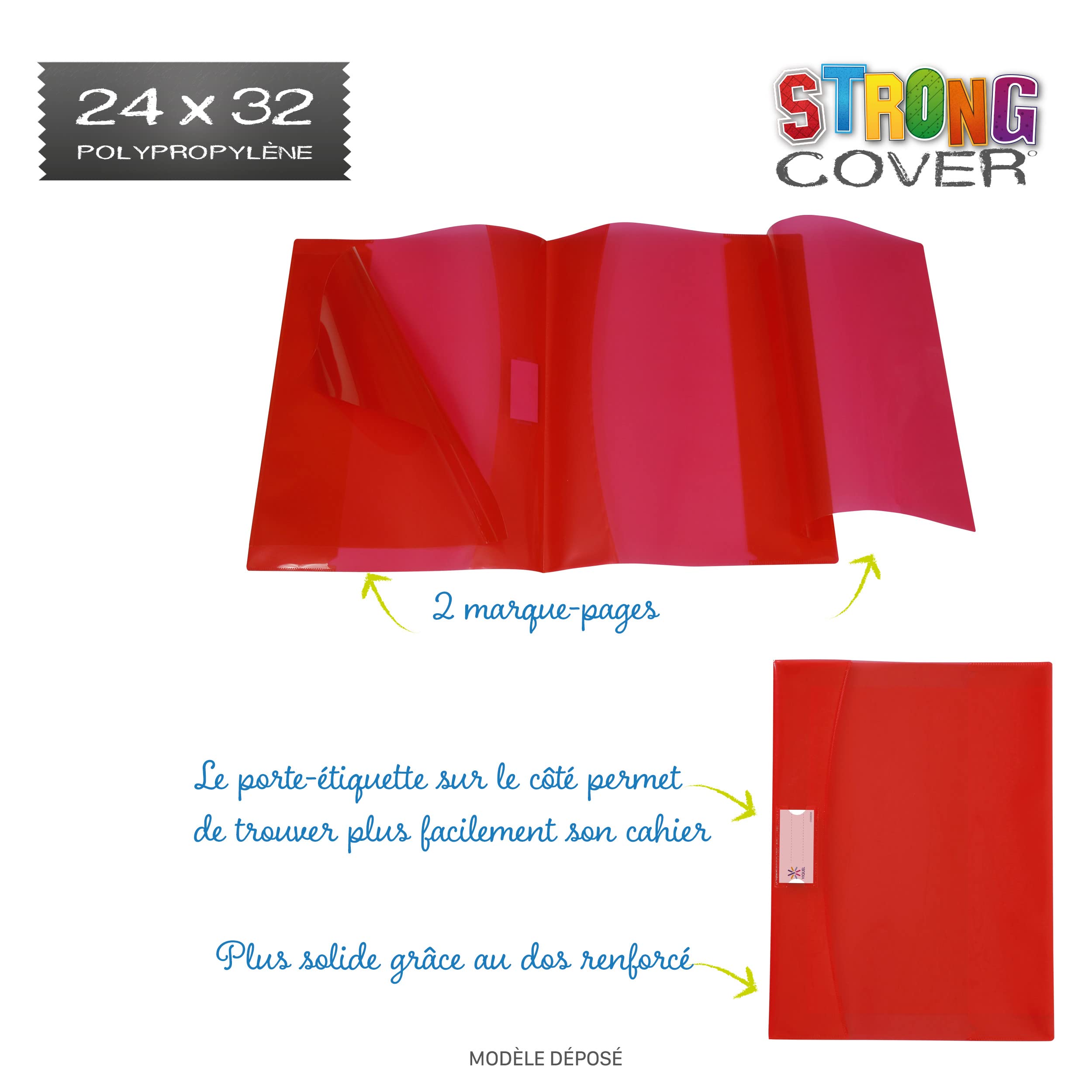 Viquel Strong Cover Protège cahier 24x32 rouge plastique qualité supérieure dos renforcé rabats marque-pages