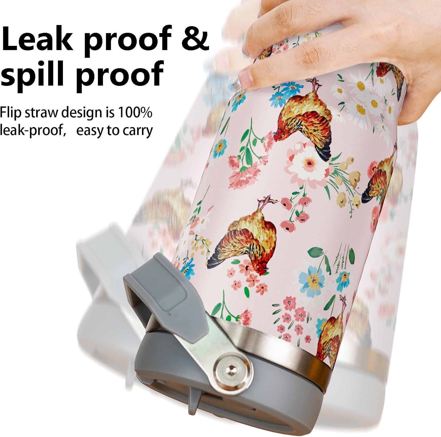 30oz Chicken Tumbler with Handle and Straw, Pink Chicken Stainless Steel Vacuum Insulated Flip Straw Coffee Cups Spill Proof Travel Mug, Chicken Rooster Decor Stuff Gifts for Women Chicken Lover - Image 5