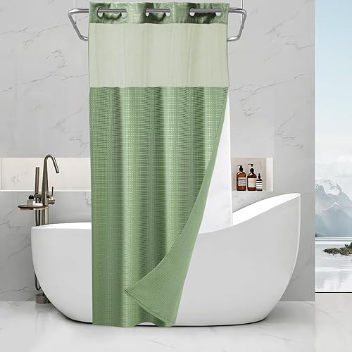 Vista 267 de Cortina de ducha de tortugas marinas, temática náutica de playa, verde y verde azulado, sin ganchos, punto gofre y forro desmontable, decoración