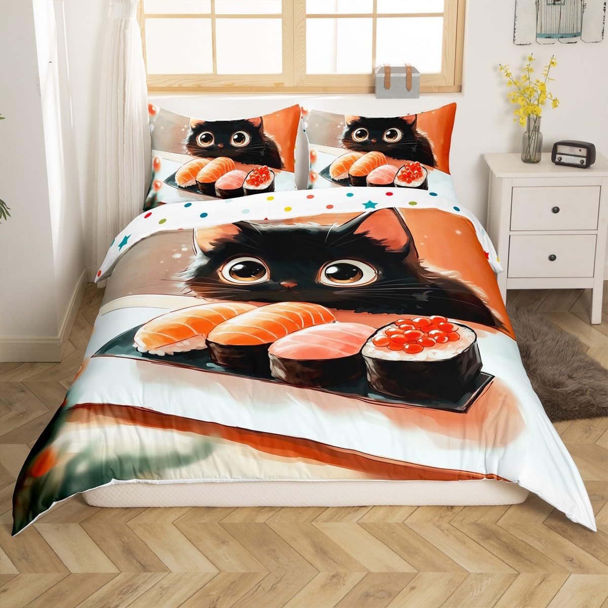 jejeloiu Cute Black Cat Comforter Cover Toddler Kids Sushi Bedding Set for Boys Girls Teens Kawaii Japanese Style Duvet Cover Room Decor（No Comforter