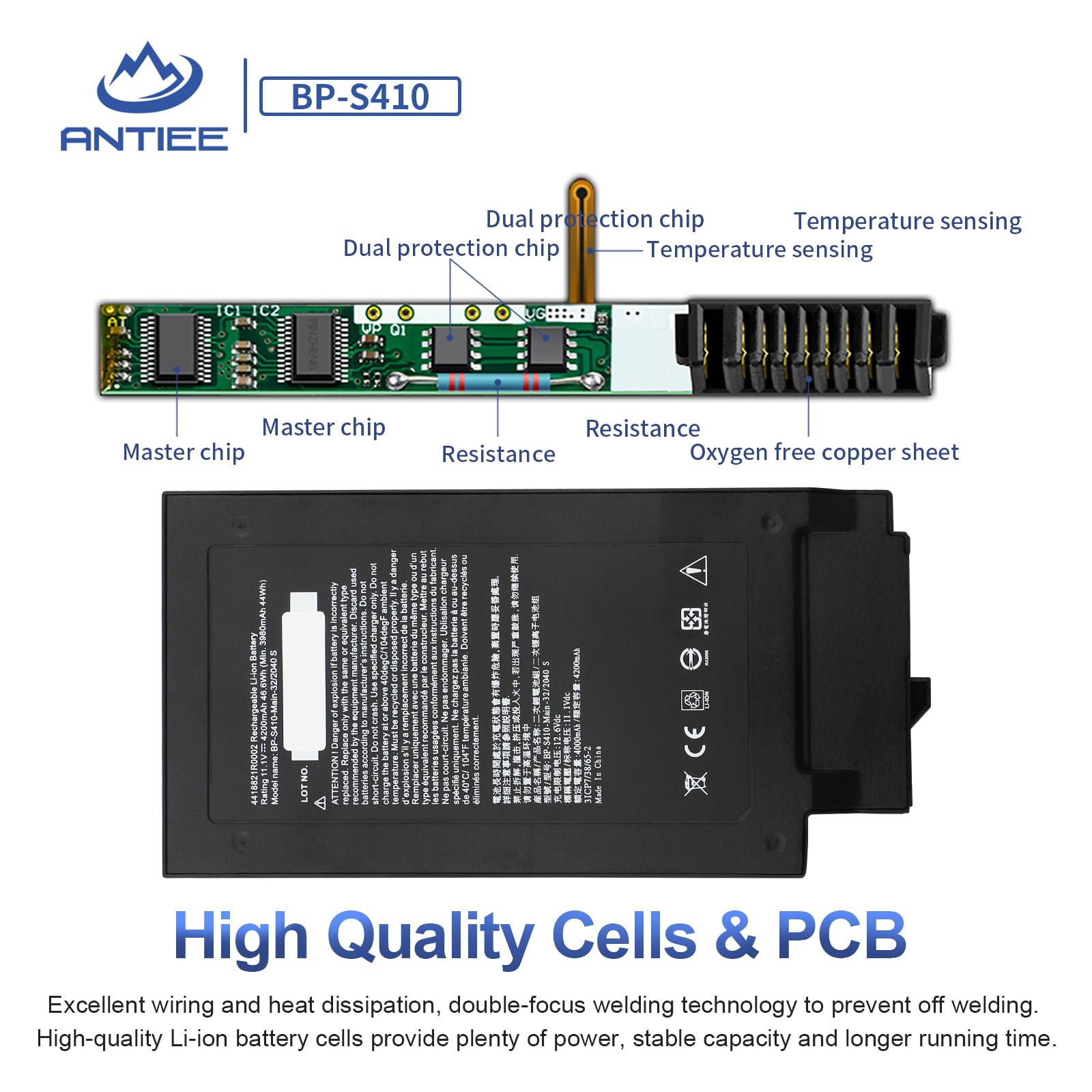 ANTIEE BP-S410 Notebook Akku GETAC S410 Industrie Robust Netbook Ersatz | 11,1V 46,6Wh, passend BP-S410-Main BP-S410-2nd 441876800002 robust Industrie Laptop Ersatzteil