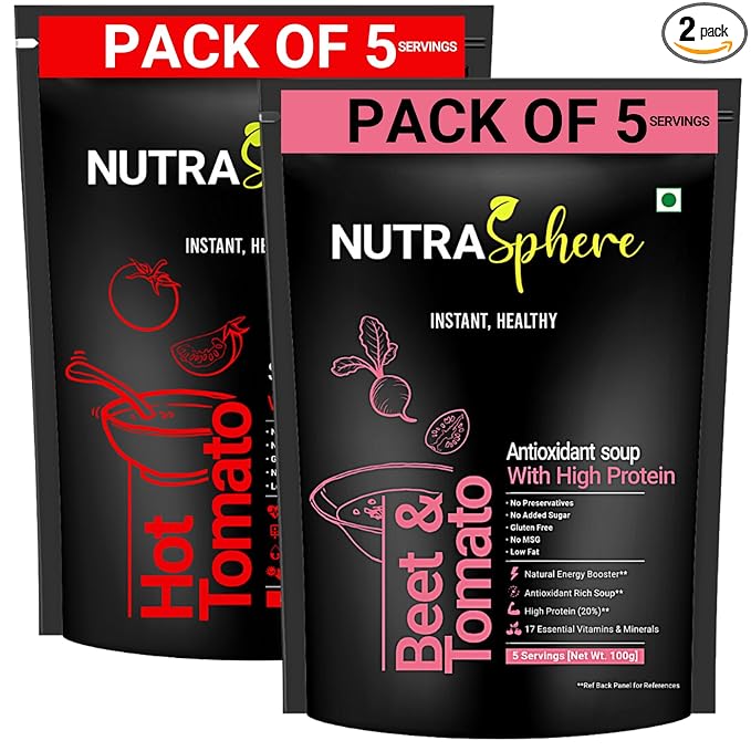 Tomato, Beetroot Soup Packets Combo. High Protein, High Fibre (Instant, No MSG, Preservative Free, Sugarfree, Gluten Free, Diabetic Friendly)- 5 Sachets Each