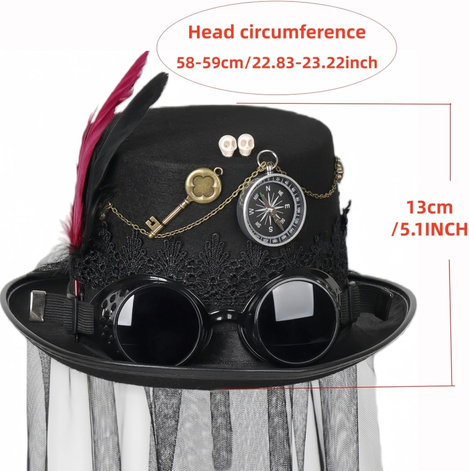 SteampunkGothic Accessories, Red Rose, Skeleton Hand, Compass and Gears, Victorian Halloween Costume Accessory