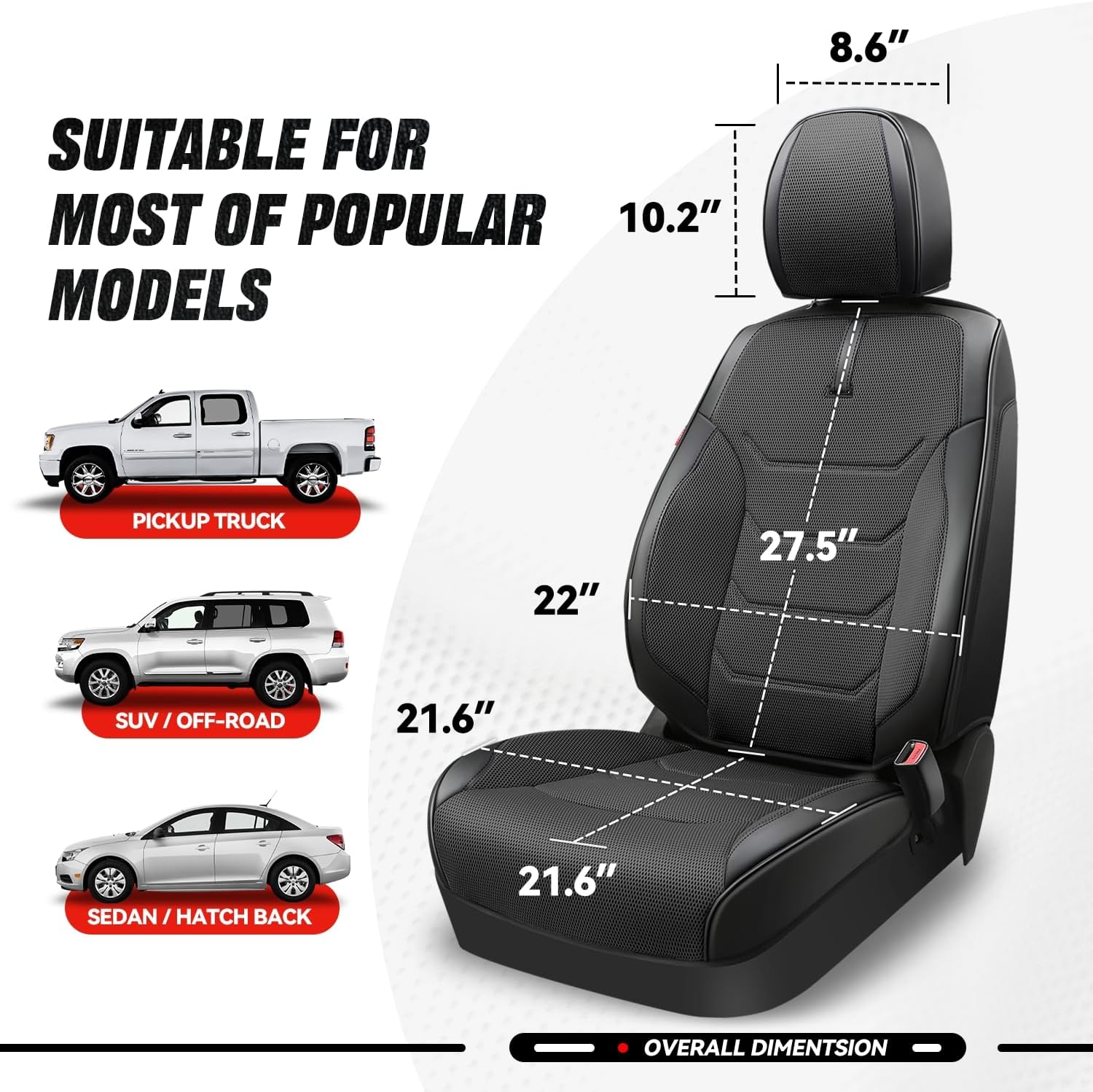 Auto Dynasty Car Seat Covers Front Set, Anti-Slip Automotive Interior Covers with Storage Pocket, Breathable Car Seat Protectors, Airbag Compatible, Universal Fit Most Vehicles, Black (Sport Series)