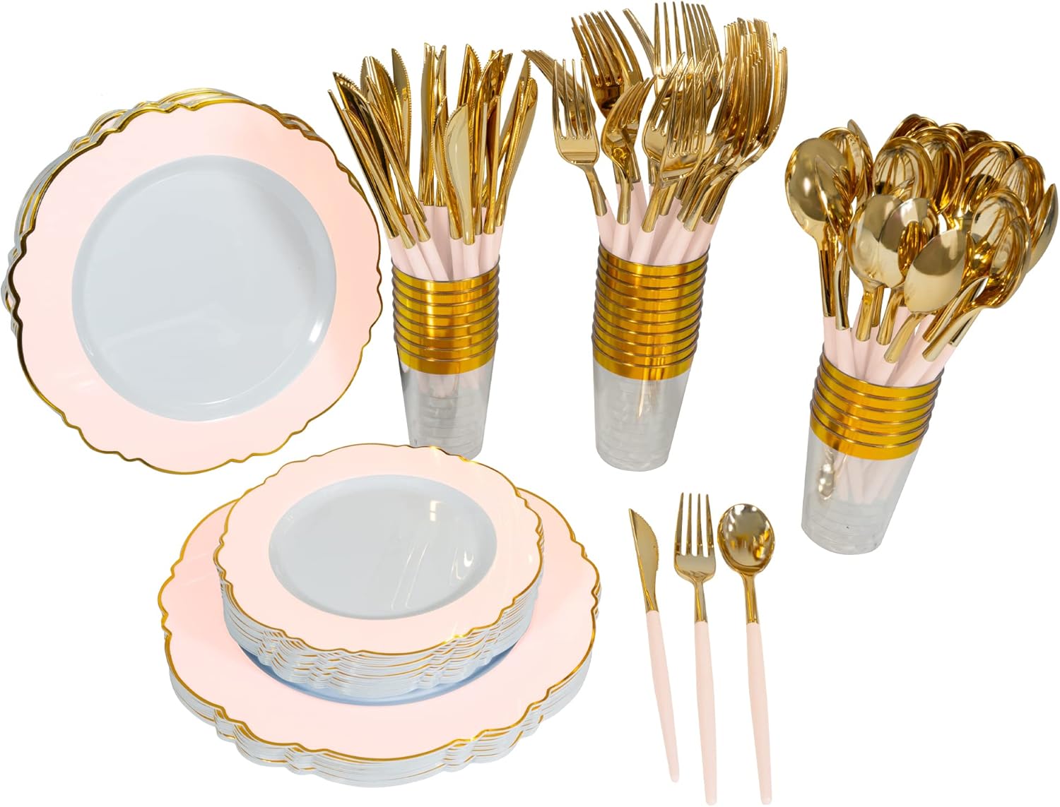 Pink Plastic Celebration Dinnerware Set 288PC total Plates & Silverware Pink Rim Scalloped Design Includes 48 Dinner Plates, 48 Dessert Plates, 48 Tumblers, 48 Forks, 48 Knives, 48 Spoons.