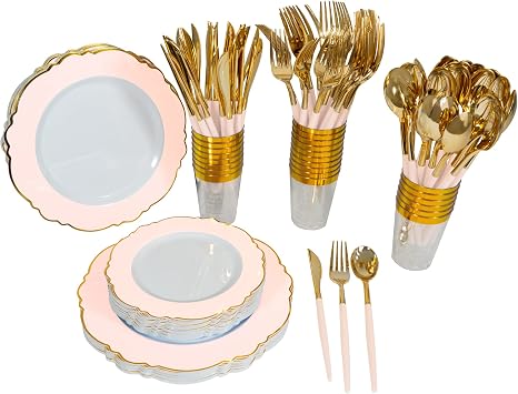 Pink Plastic Celebration Dinnerware Set 288PC total Plates & Silverware Pink Rim Scalloped Design Includes 48 Dinner Plates, 48 Dessert Plates, 48 Tumblers, 48 Forks, 48 Knives, 48 Spoons.