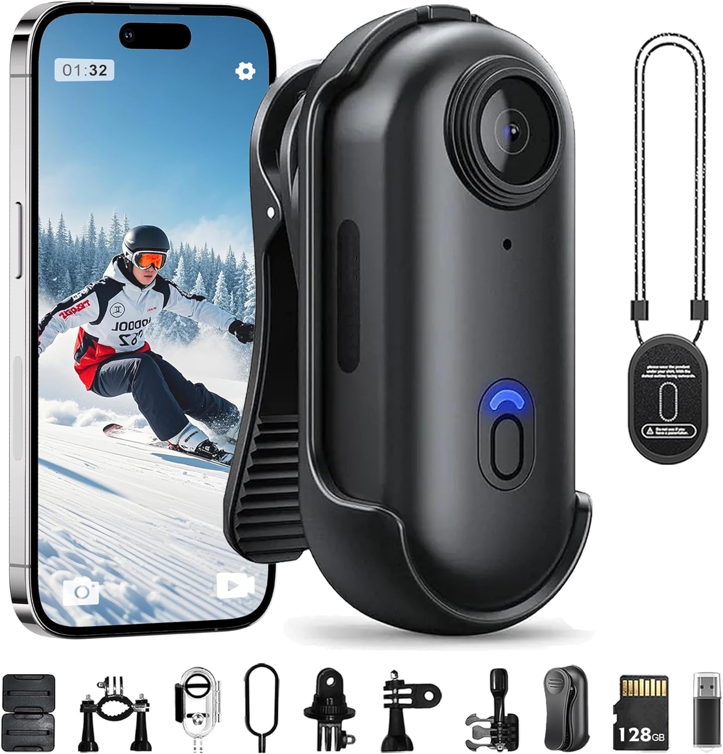 POV Record PRO 2.0, 128G New Ultra Wide Hands-Free 4K POV Camera, for Motorcycle, Bike, Swimming, Daily Records (Black)