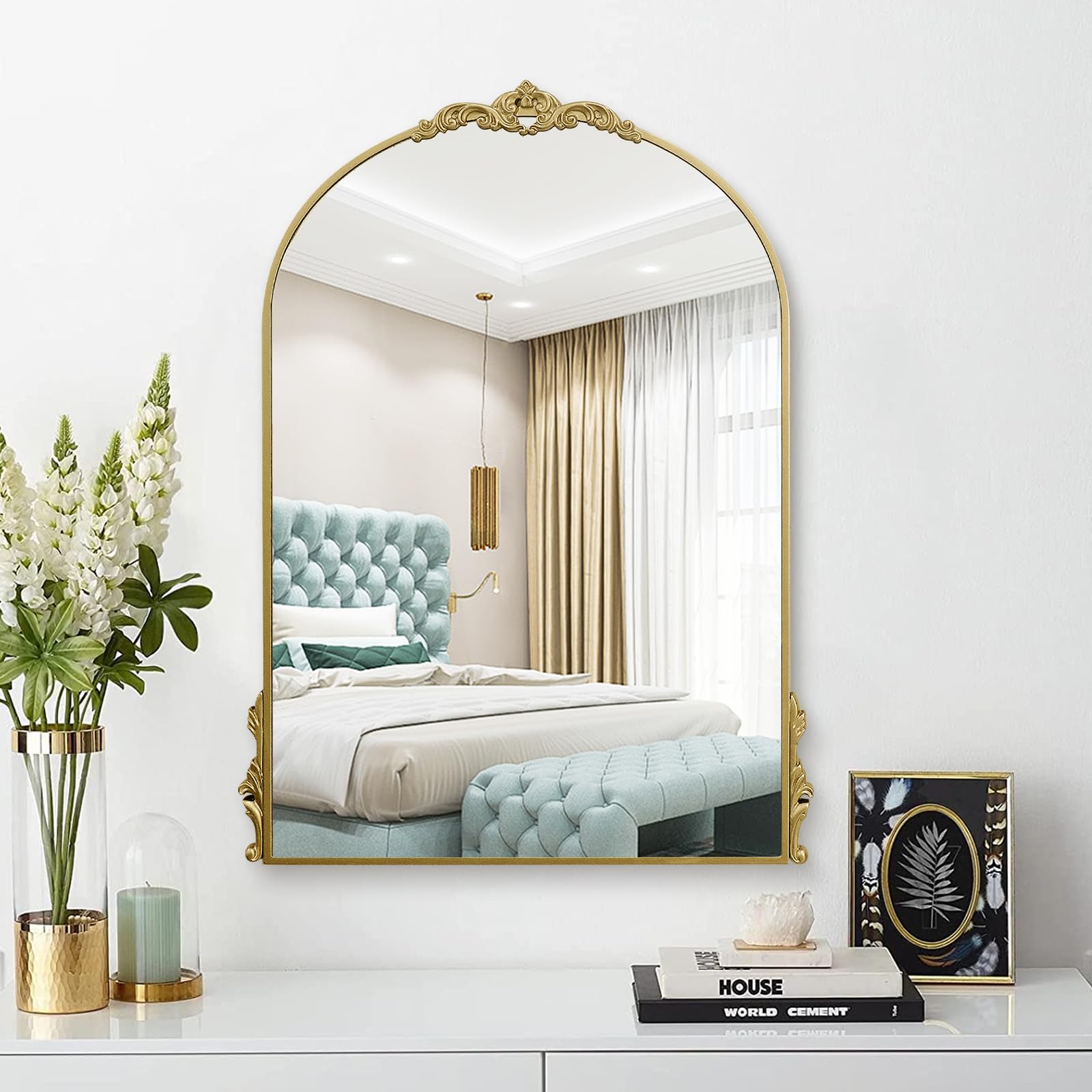 GA Home Carved Arch Wall Mirror, 20" x 30" Vintage Gold Bathroom Vanity Mirror with Wooden Frame, Baroque Decorative Mirror for Living Room Bedroom Entryway