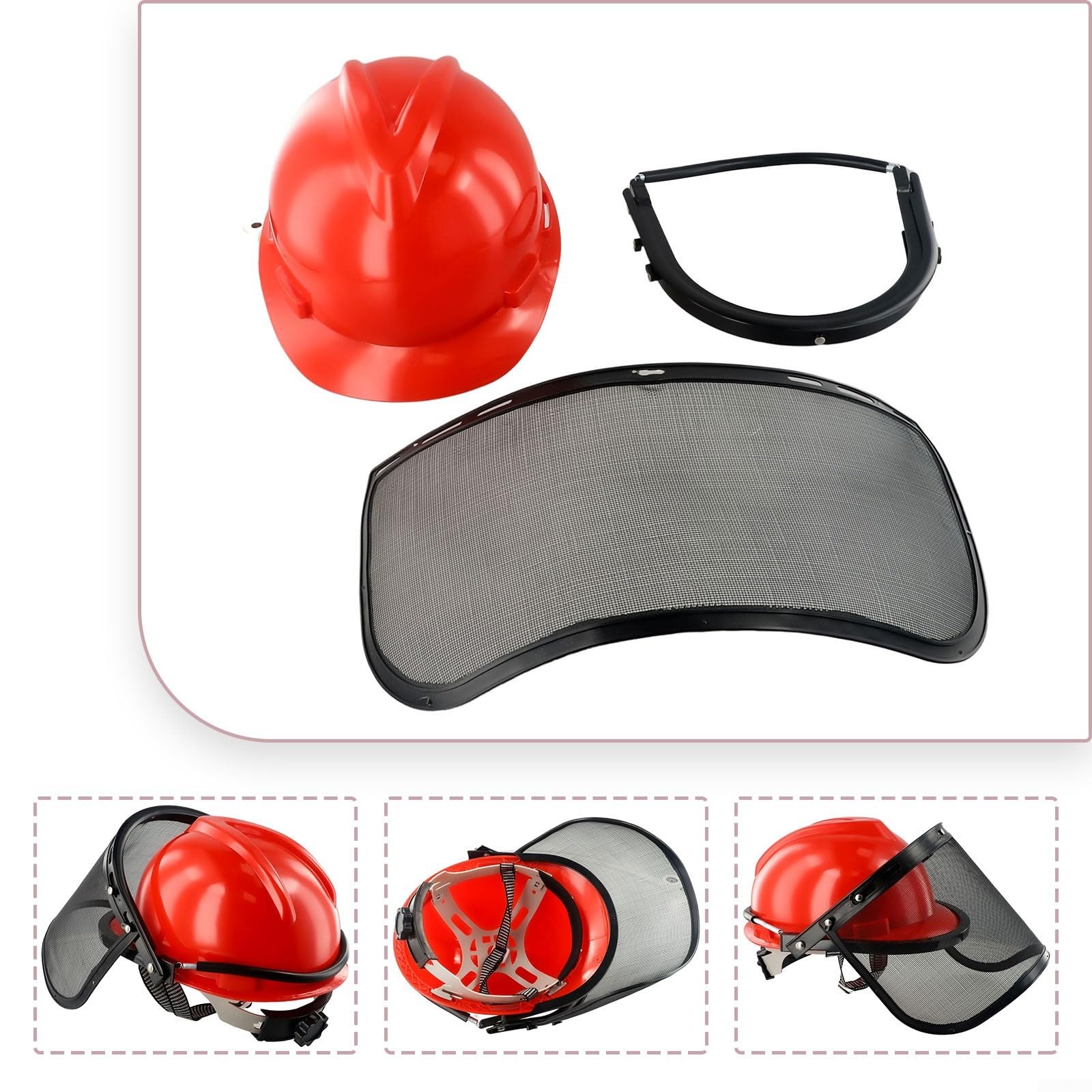Casque de sécurité pour tronçonneuse, Protection de Casque de Protection pour tronçonneuse - Visière en Maille pour tronçonneuse, Tondeuse à Gazon, débroussailleuse, Rouge + Noir