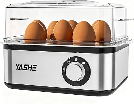 YASHE Stainless Steel Electric Egg Cooker for 8 Boiled Eggs, Medium & Soft Eggs, Poacher with Auto Shut-off and Buzzer, Includes Omelet Bowl and Measuring Cup,BPA Free