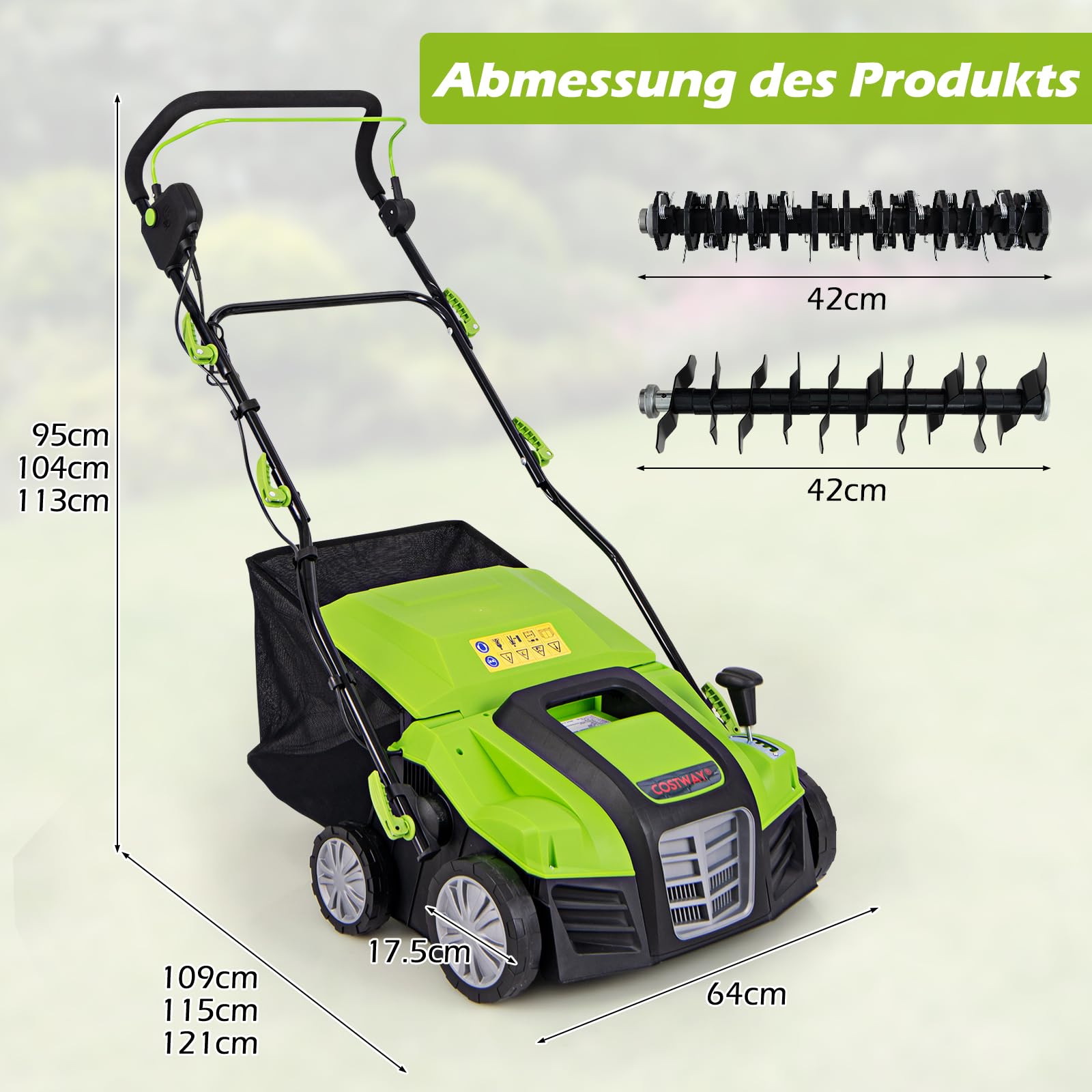 RELAX4LIFE Elektro Vertikutierer Rasenlüfter, 2000W|42cm Arbeitsbreite|5 Stufen Arbeitstiefe|55L Fangkorb|3 Stufen Höhe, Rasenvertikutierer mit Messerwalze & Lüfterwalze, für Rasenpflege (Grün)